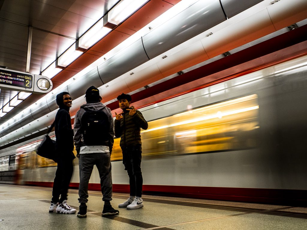 Motion blur view of Nuremberg subway with waiting passengers