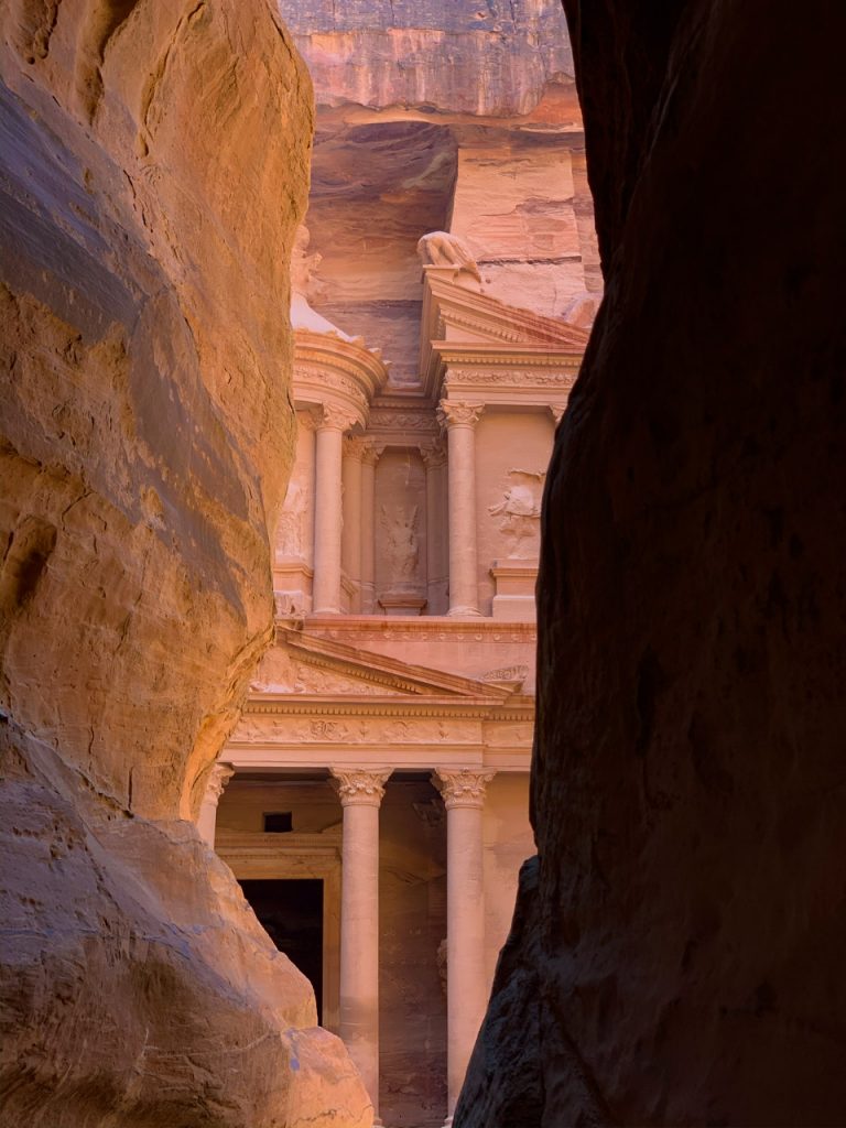 Treasure house seen form the Siq in ancient Petra, Jordan.