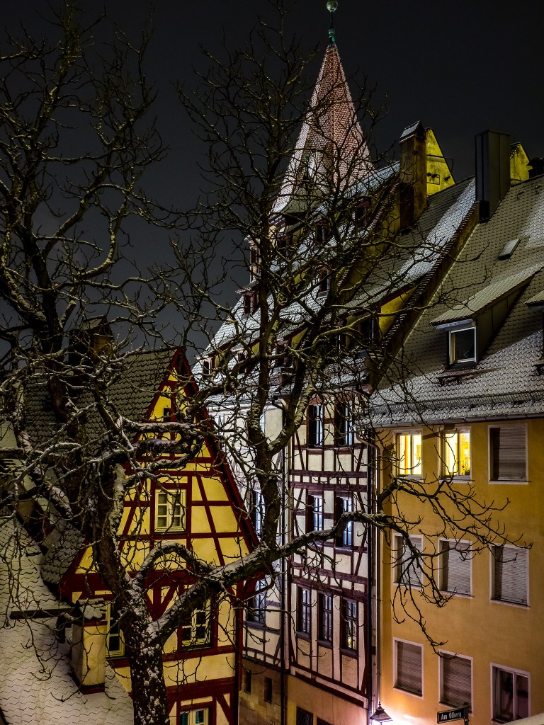 Snow capped roofs in Nuremberg's historic Old Town