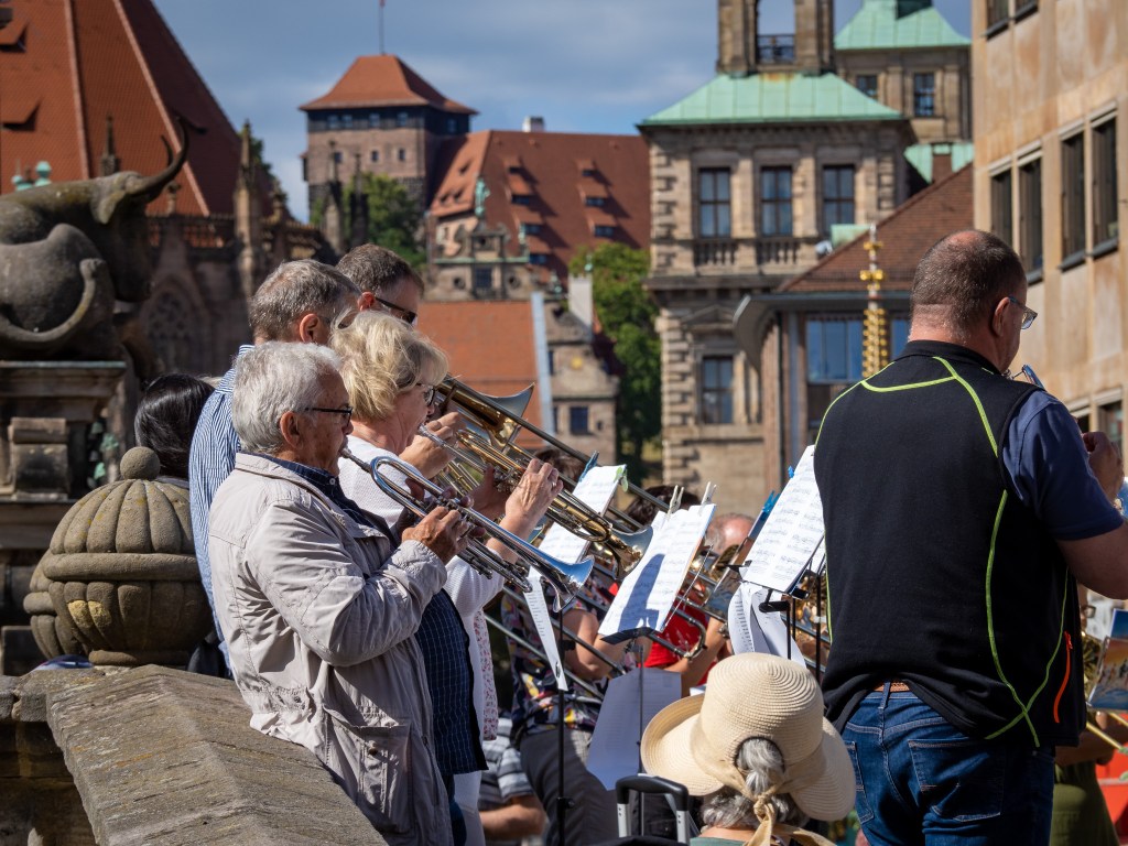 Brass players on a bridge in Nuremberg's Old Town