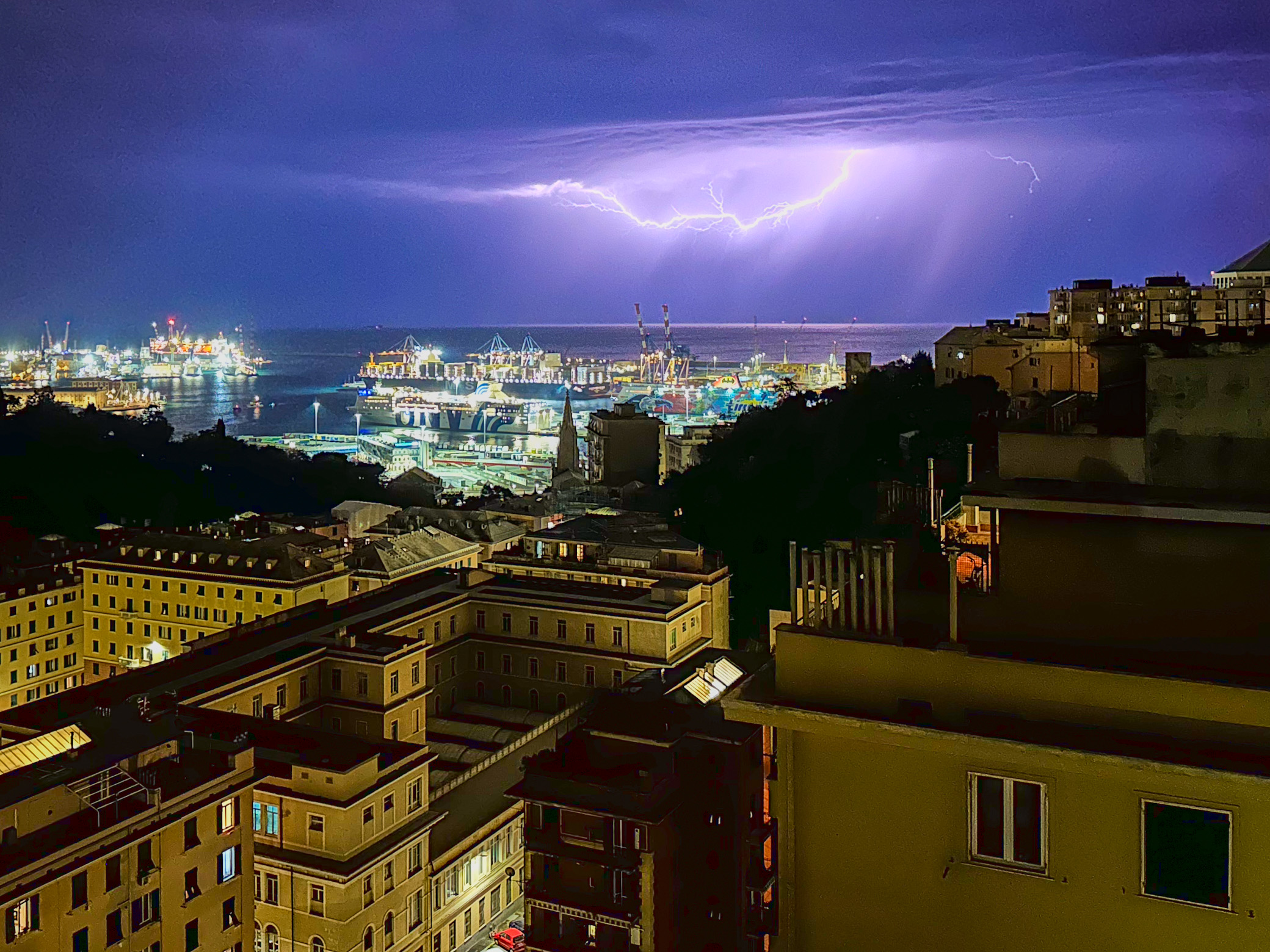 Lightning over the Port of Genoa on a wet Mayday