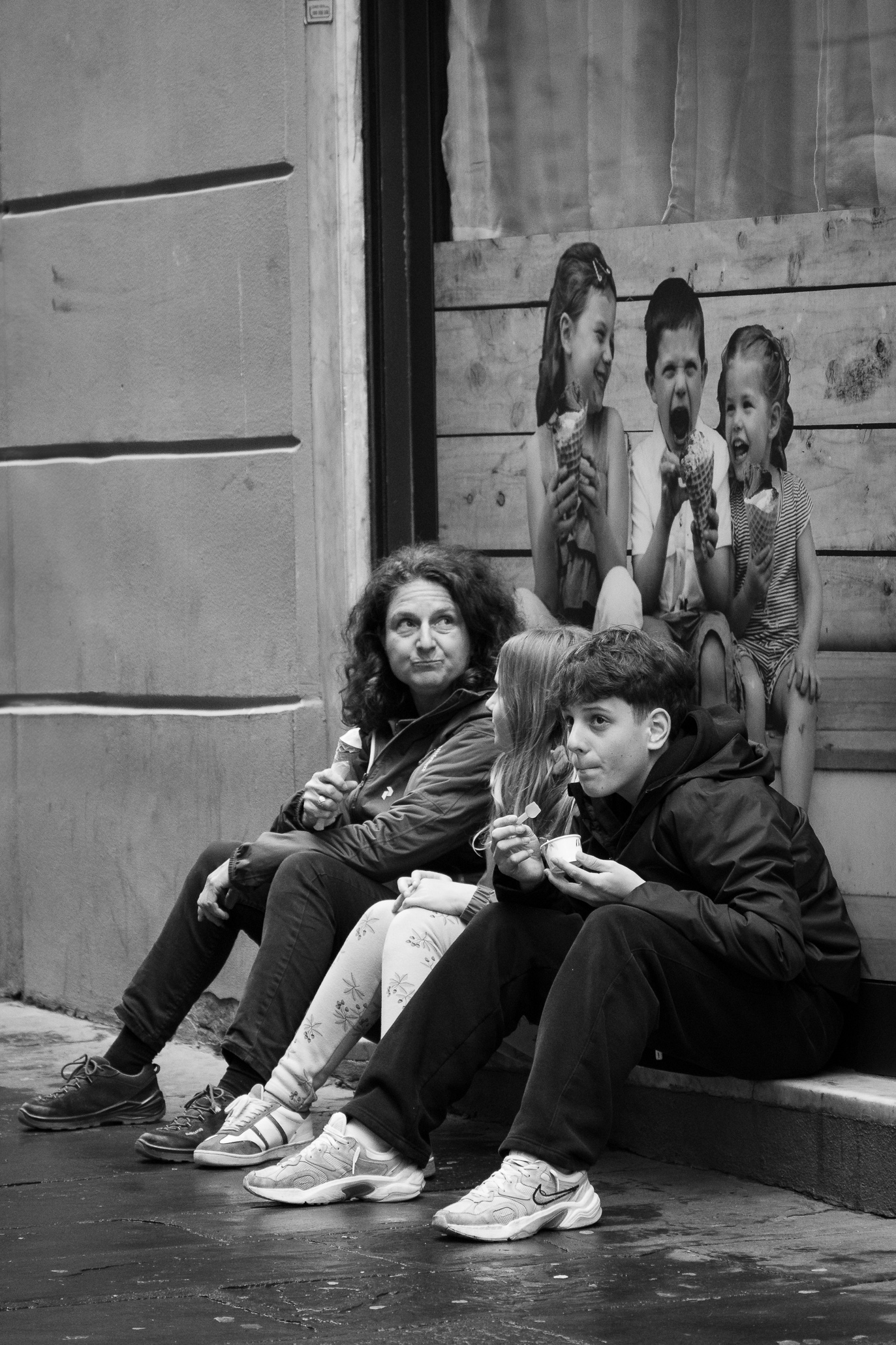 Family eating ice cream one a rainy day