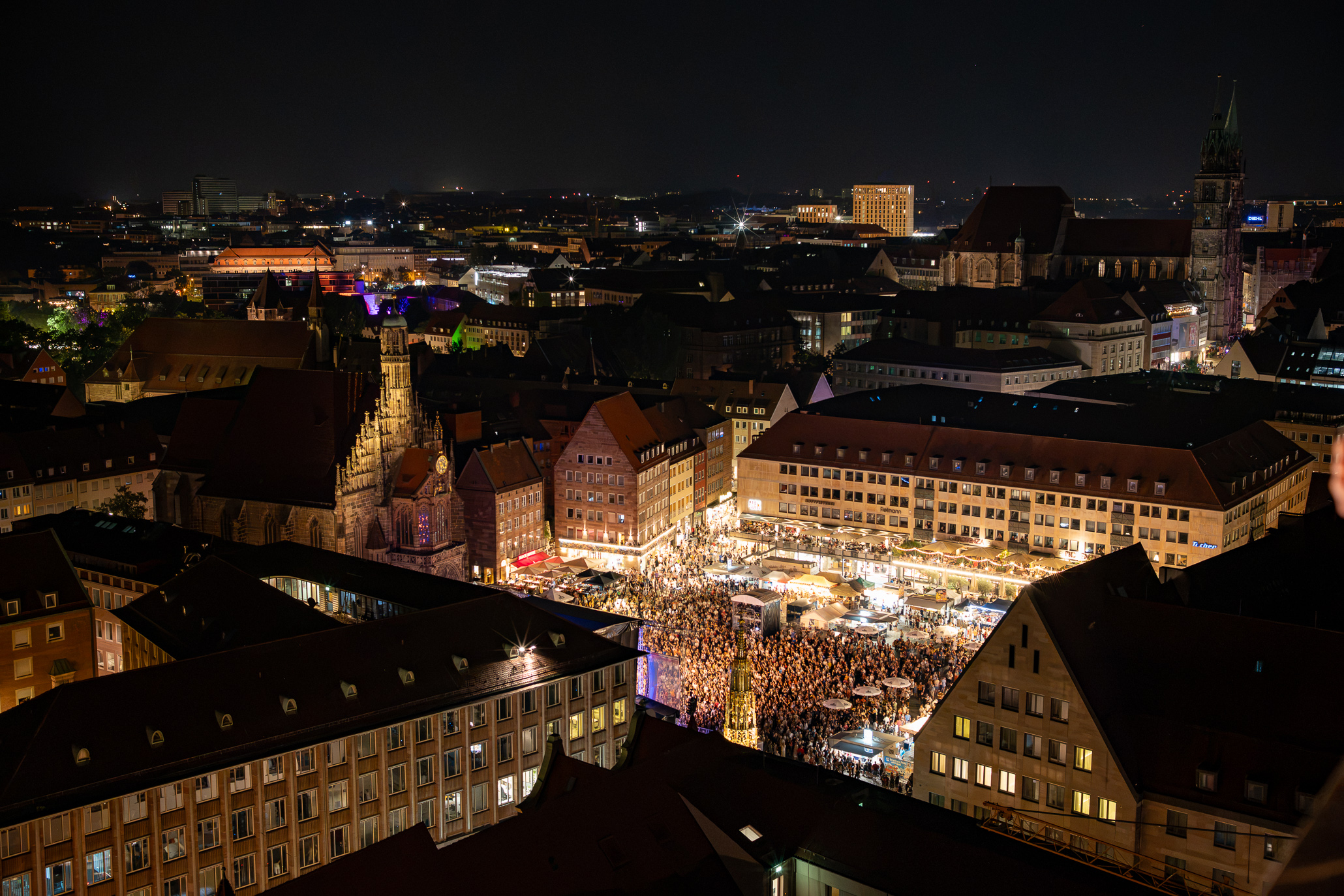 The central market during a festival seen from St. Sebald Bell tower in Nuremberg, Germany